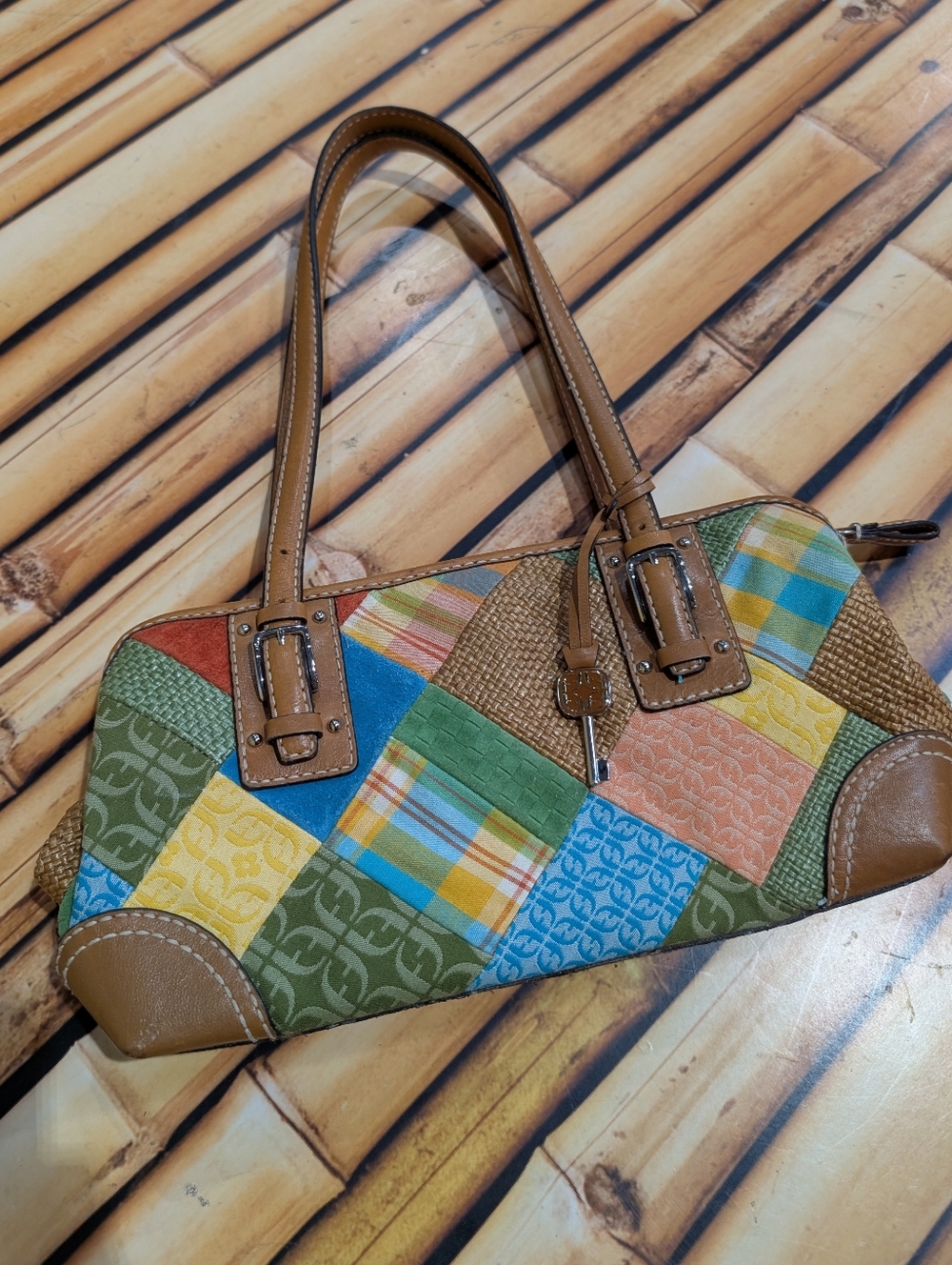 Y2K Fossil Patchwork Shoulder Bag with Tan Trim